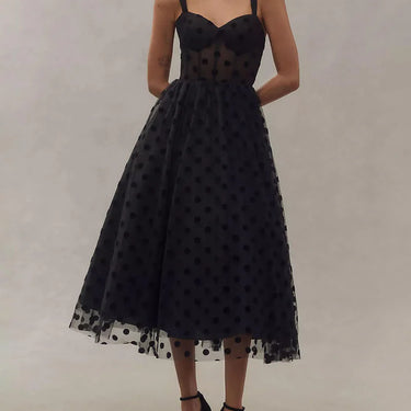 Tulle Polka Dot Sweetheart Bustier A-Line Midi Dress