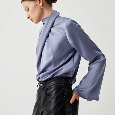 Asymmetric Pleated Turtleneck Satin Blouse