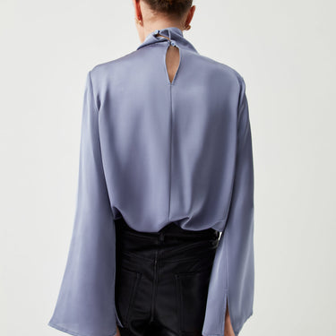 Asymmetric Pleated Turtleneck Satin Blouse