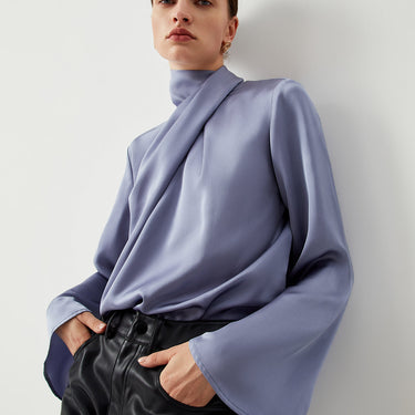 Asymmetric Pleated Turtleneck Satin Blouse