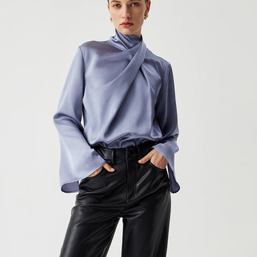 Asymmetric Pleated Turtleneck Satin Blouse