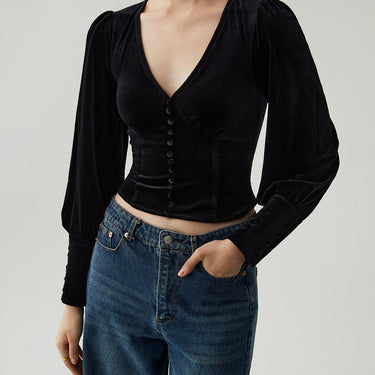 Velvet Buttoned V-neck Long Sleeve Crop Top