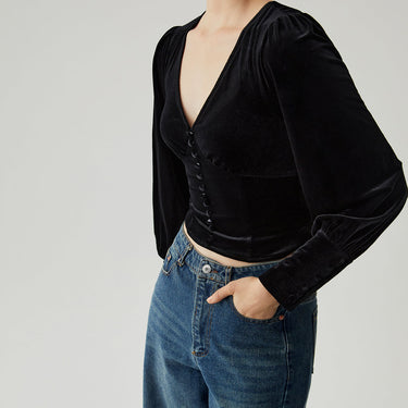 Velvet Buttoned V-neck Long Sleeve Crop Top