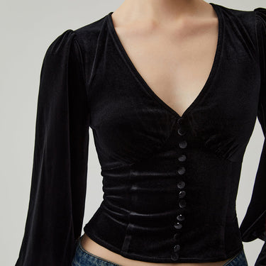 Velvet Buttoned V-neck Long Sleeve Crop Top