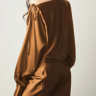 Satin Asymmetrical Cold Shoulder Tied Blouse