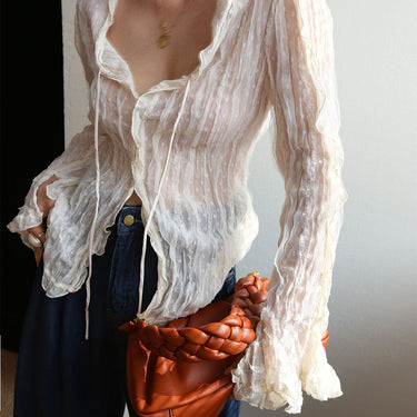 Chiffon Sheer Lettuce Trim Long Sleeve Blouse