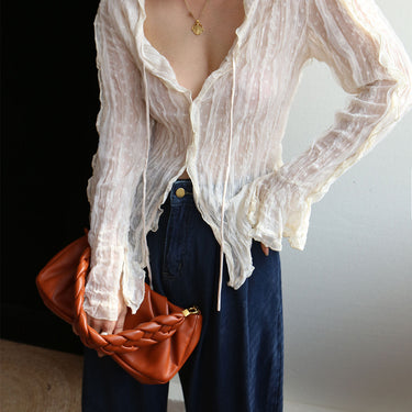 Chiffon Sheer Lettuce Trim Long Sleeve Blouse