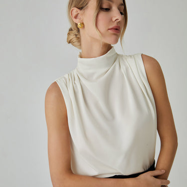 Pleated High Neck Sleeveless Blouse