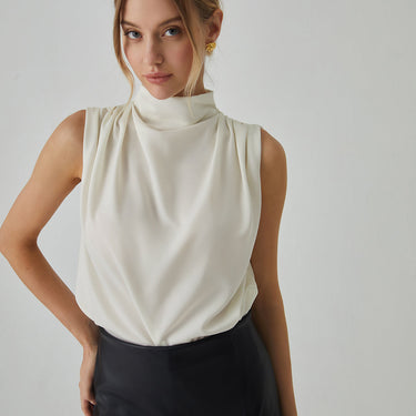 Pleated High Neck Sleeveless Blouse