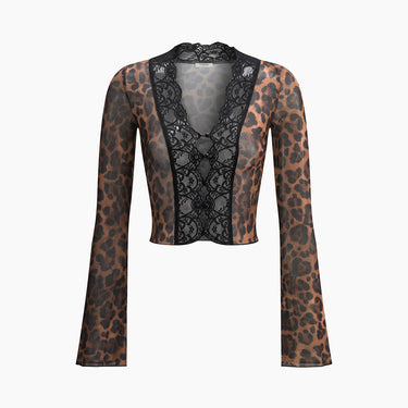 Leopard Print Long Sleeve Lace Trim Blouse