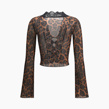 Leopard Print Long Sleeve Lace Trim Blouse