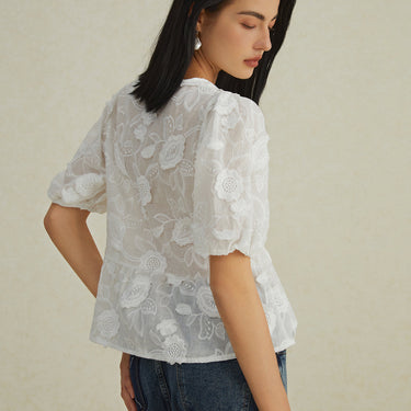 Floral Knotted Puff Sleeve Blouse