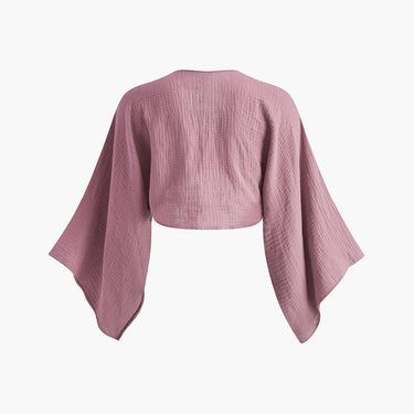 Tie-Front Long Sleeve Cropped Blouse