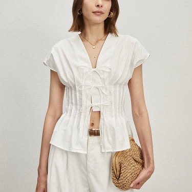 Cotton Pleated Knotted Blouse