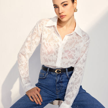 Semi-Sheer Jacquard Button Shirt