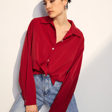 Oversized Solid Lapel Button Draped Shirt