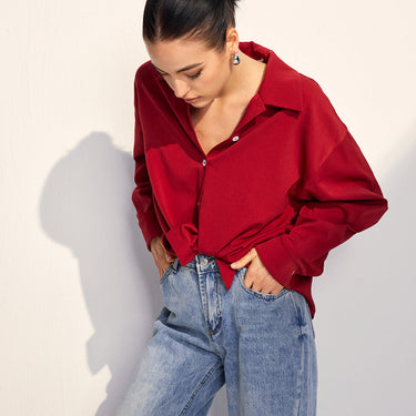 Oversized Solid Lapel Button Draped Shirt