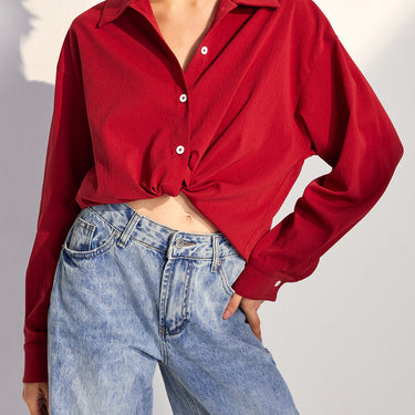 Oversized Solid Lapel Button Draped Shirt