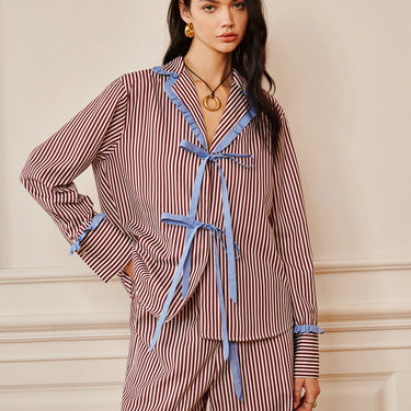 Pinstripe Ruffle Tie Front Shirt