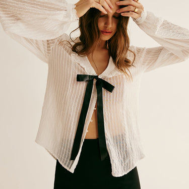 Ruffle Neck Pinstripe Semi-Sheer Shirt