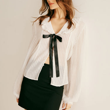 Ruffle Neck Pinstripe Semi-Sheer Shirt