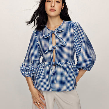 Plaid Tie Front Half Sleeve Blouse