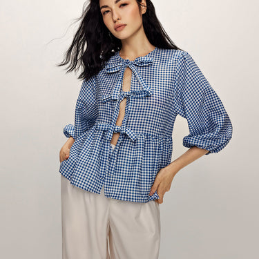 Plaid Tie Front Half Sleeve Blouse