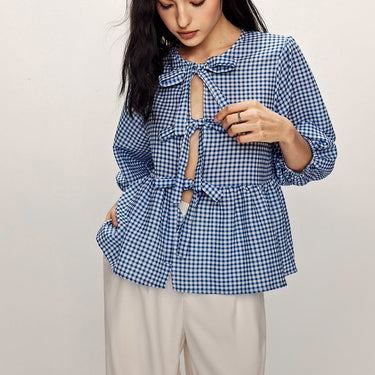 Plaid Tie Front Half Sleeve Blouse