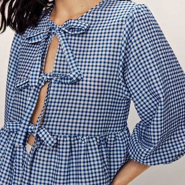 Plaid Tie Front Half Sleeve Blouse