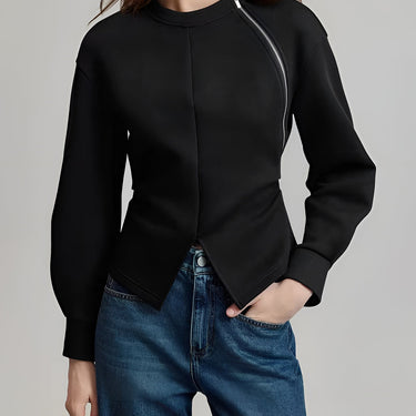 Plain Zipper Split Blouse