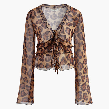 Leopard Print Semi-Sheer Ruffle V-Neck Blouse