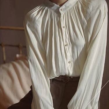 Pleated Collar Pearl Button Shirt