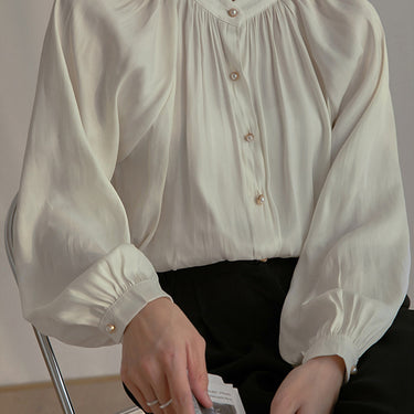 Pleated Collar Pearl Button Shirt