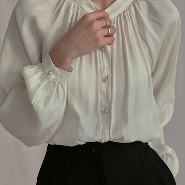 Pleated Collar Pearl Button Shirt