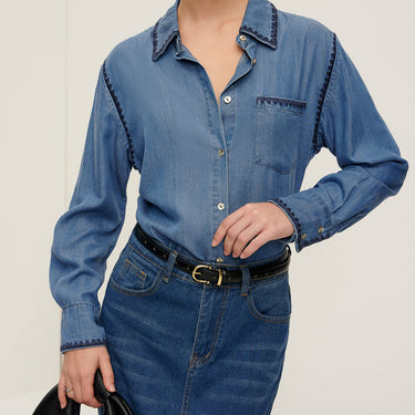 Embroidered Trim Lapel Denim Shirt