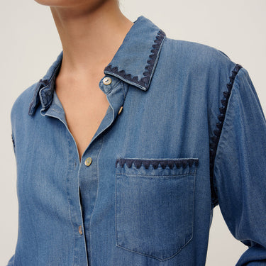 Embroidered Trim Lapel Denim Shirt