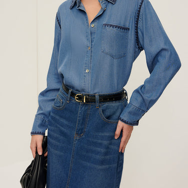 Embroidered Trim Lapel Denim Shirt