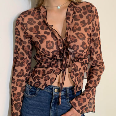 Leopard Print Semi-Sheer Ruffle V-Neck Blouse