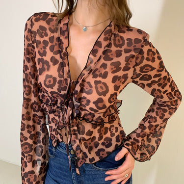 Leopard Print Semi-Sheer Ruffle V-Neck Blouse