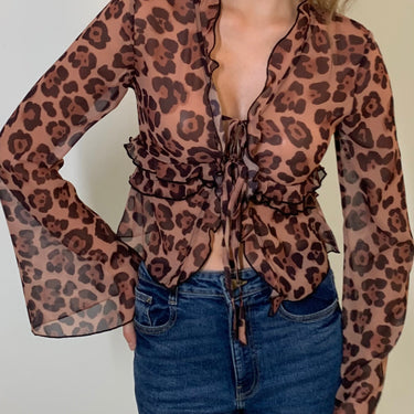 Leopard Print Semi-Sheer Ruffle V-Neck Blouse