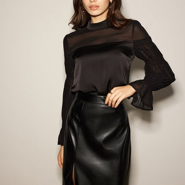 Stand Collar Chiffon Panel Blouse