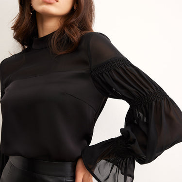 Stand Collar Chiffon Panel Blouse