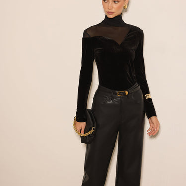 Stacking Neck Sheer-Detail Velvet Blouse