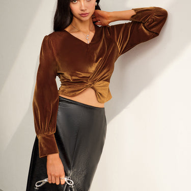 Velvet Pleated Slim Blouse