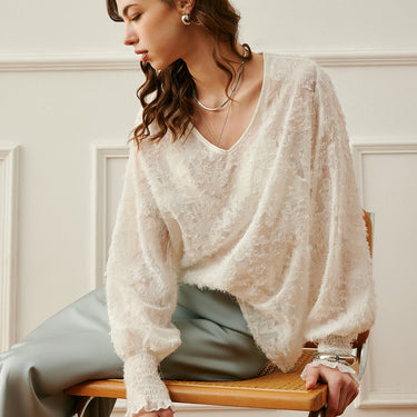 V-Neck Lantern Sleeve Embroidered Top