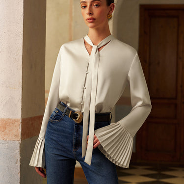 V-Neck Satin Pleated Blouse With Ribbon