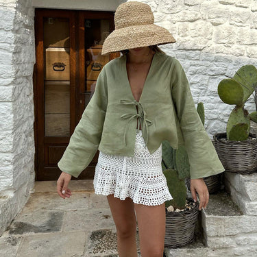 Oversized Long Tie-Front Sleeve Blouse