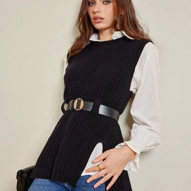 Two-Piece Belted Sweater With Polo Shirt