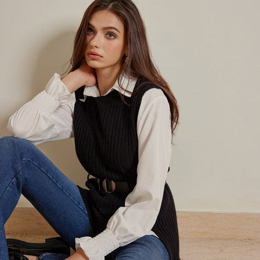 Two-Piece Belted Sweater With Polo Shirt