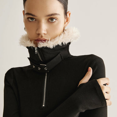 Fuzzy Collar Belt-Design Zipper Blouse